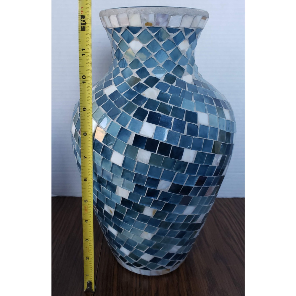 Mosaic 12 Inch Tall Blue White Tiled Glass Large Vase - Picture 13 of 15